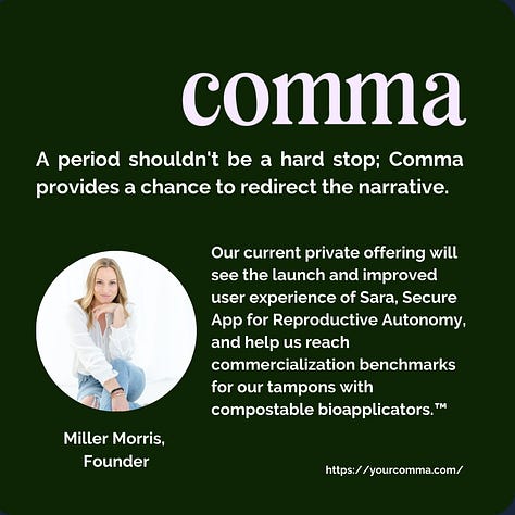 logos for Comma, Mae, and Choix, images of founders Miller Morris, Maya Hardigan, and Cindy Adam.
