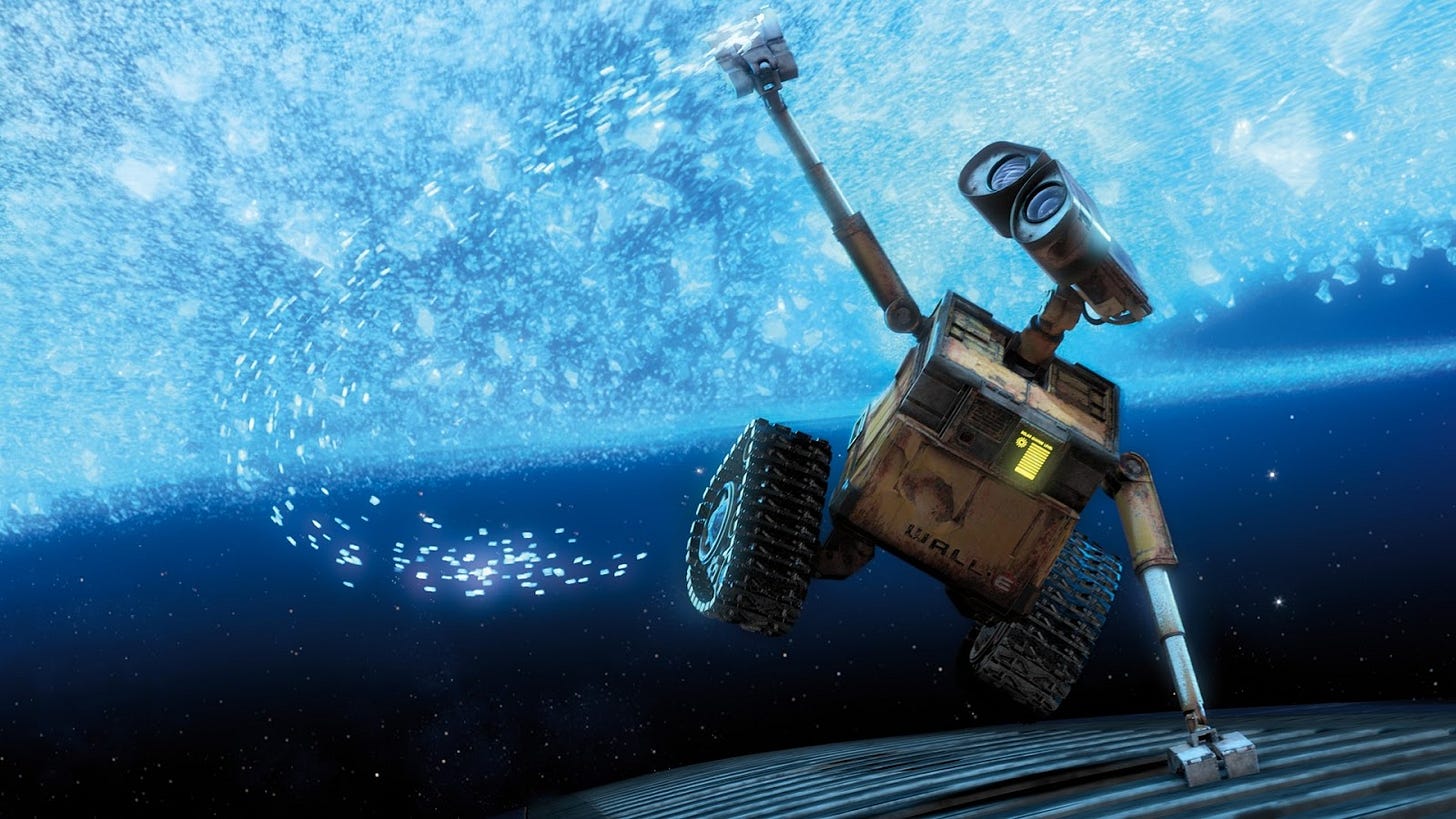 Wall-E marvels at the stars as he flies through space