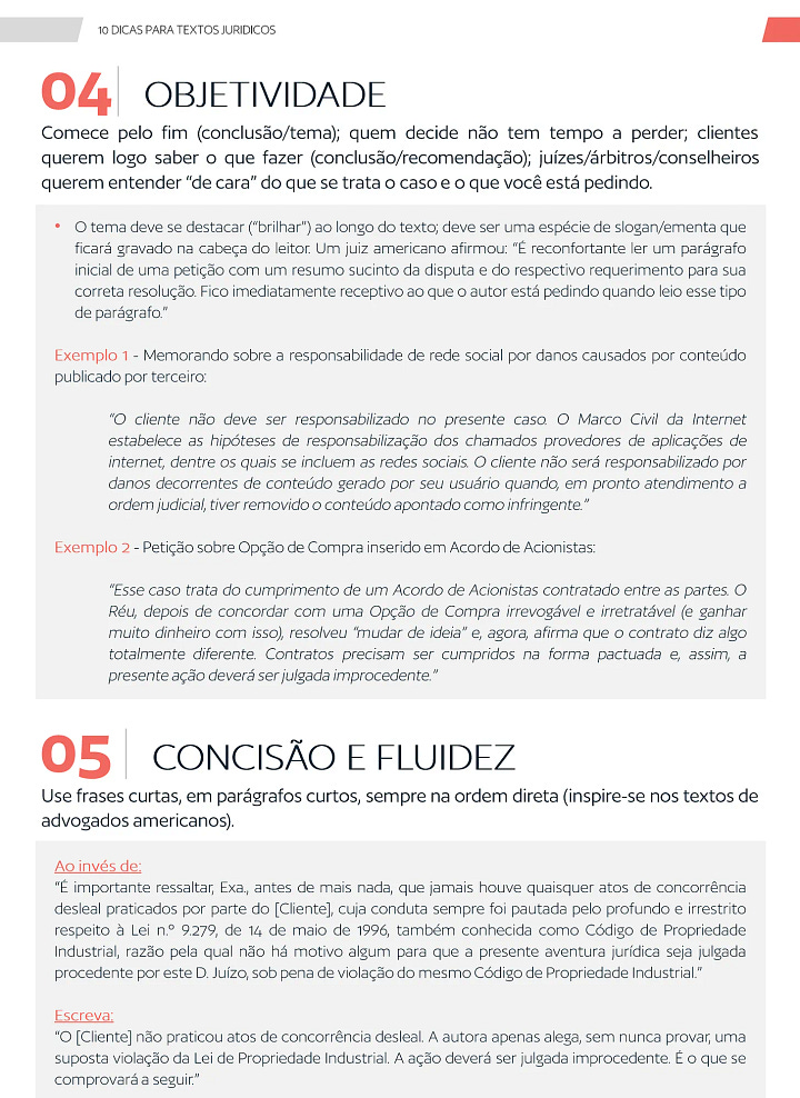 Conjunto de quatro imagens com orientações práticas de redação jurídica, apresentando 10 dicas ilustradas sobre como escrever textos jurídicos mais claros, concisos e eficazes. As imagens abordam tópicos como estrutura, voz ativa, linguagem simples e organização de ideias — voltadas a petições, pareceres, memorandos e e-mails profissionais.