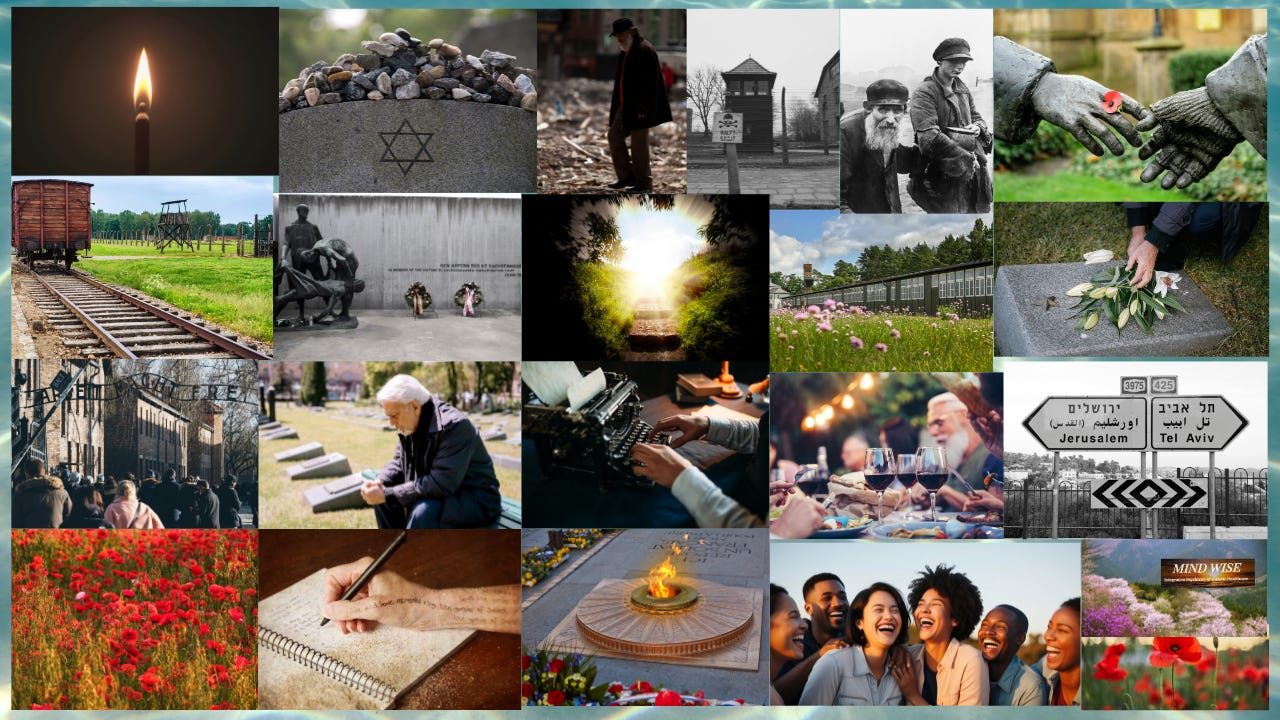 Collage of pictures with the theme of the Holocaust, remembrance, darkness to light, reunion with the spirit, and the hand of a poet writing and typing. 
