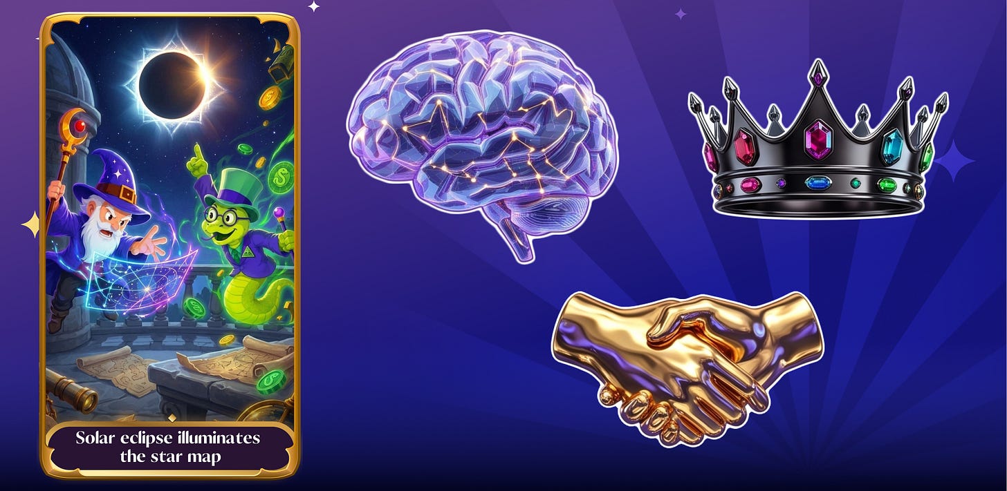 An eclipse collectible card beside a glowing brain, jewelled crowns and a golden handshake.