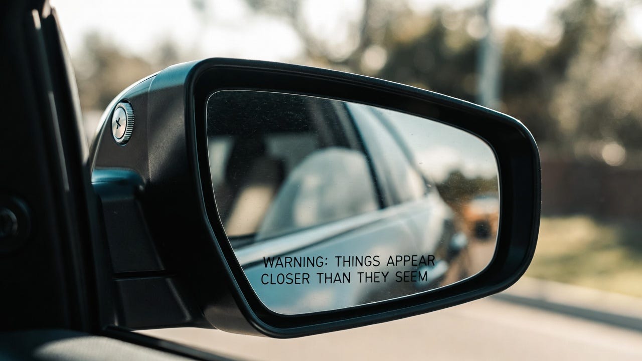 A close-up view of a car side mirror with the text "Warning: Things appear closer than they seem" clearly visible and reflected in the mirror surface.