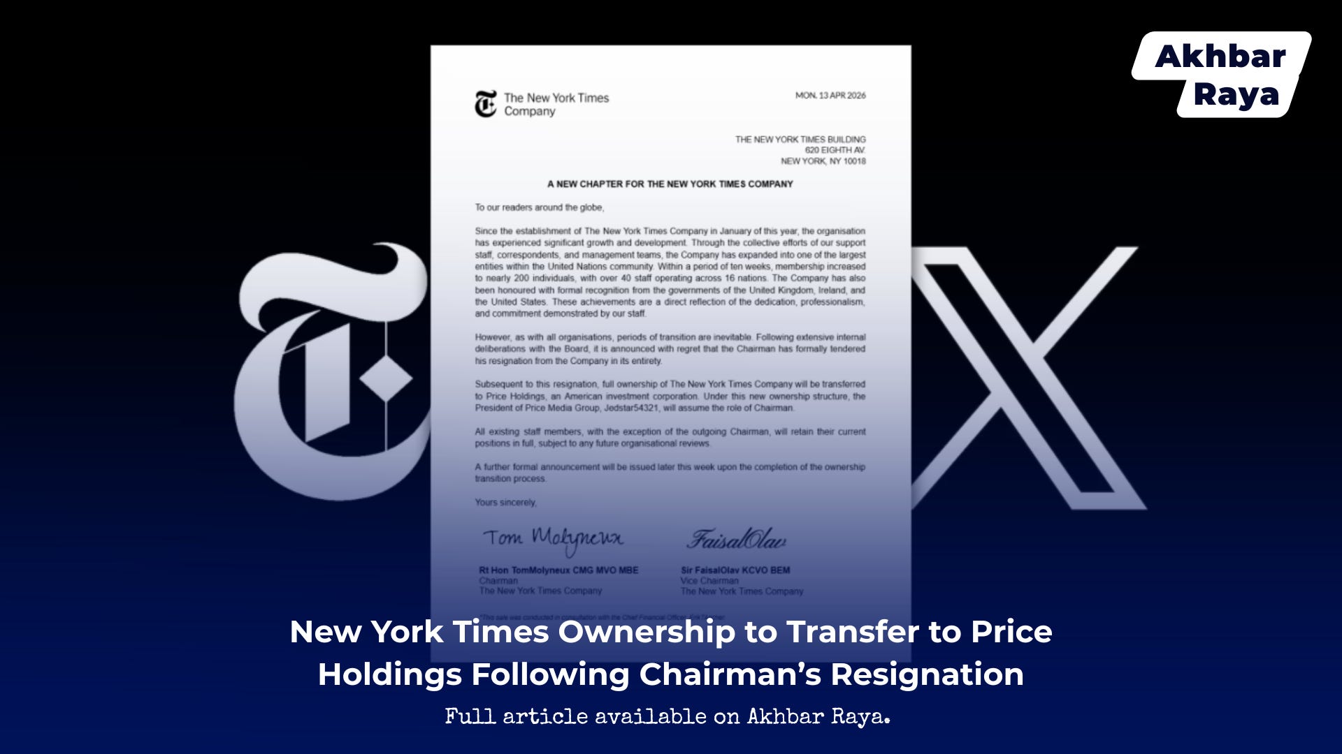 New York Times Ownership to Transfer to Price Holdings Following ...
