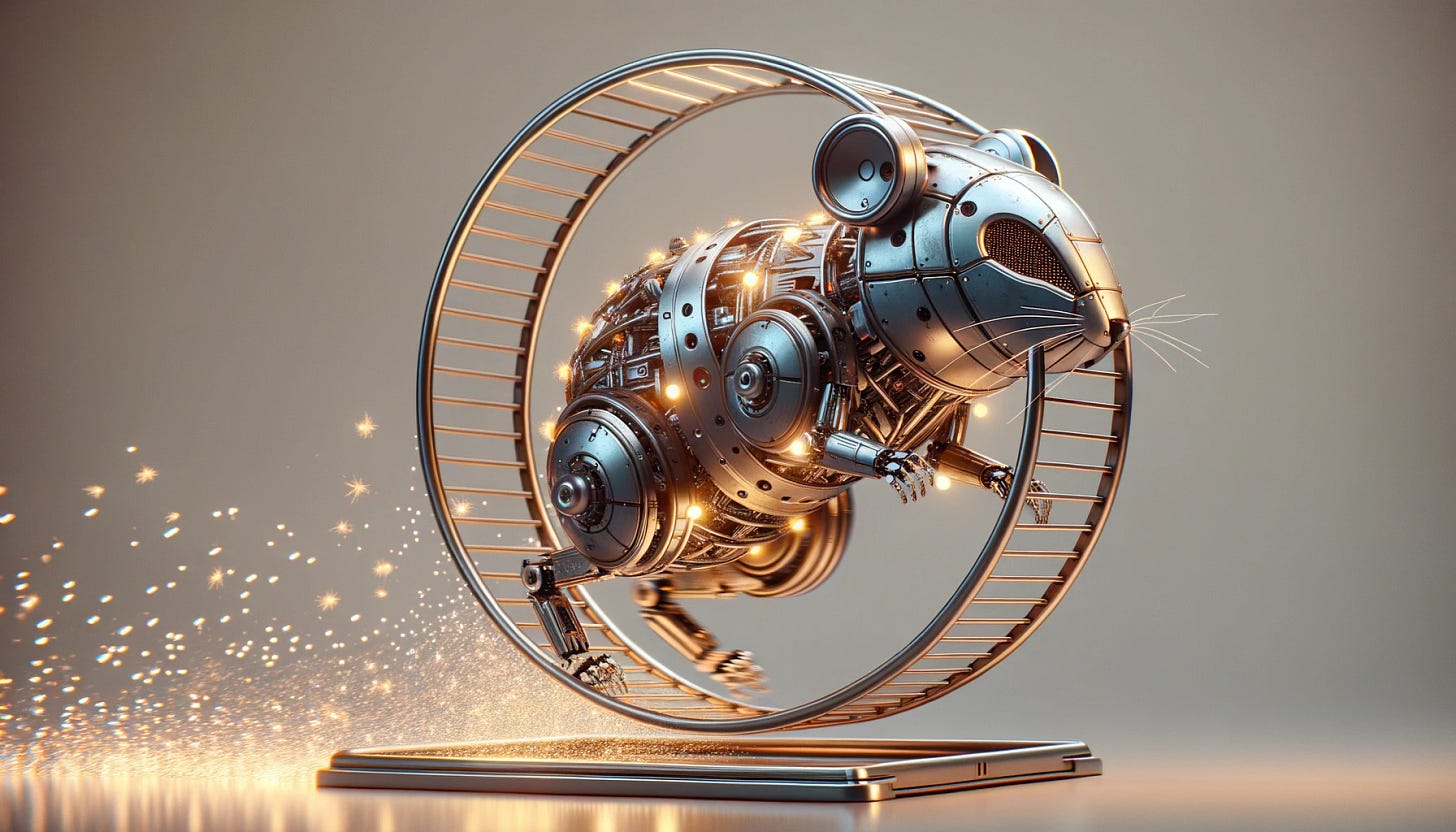 Photo of a futuristic robot hamster, designed with metallic and illuminated components, energetically running on a traditional hamster wheel in a 32:9 aspect ratio. Sparks and small LED lights gleam from the robot as it moves, with a neutral background emphasizing the contrast.