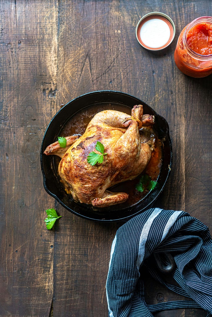 Roasted chicken and chicken soup. Photos by Anshu A and Alex Bayev via Unsplash.