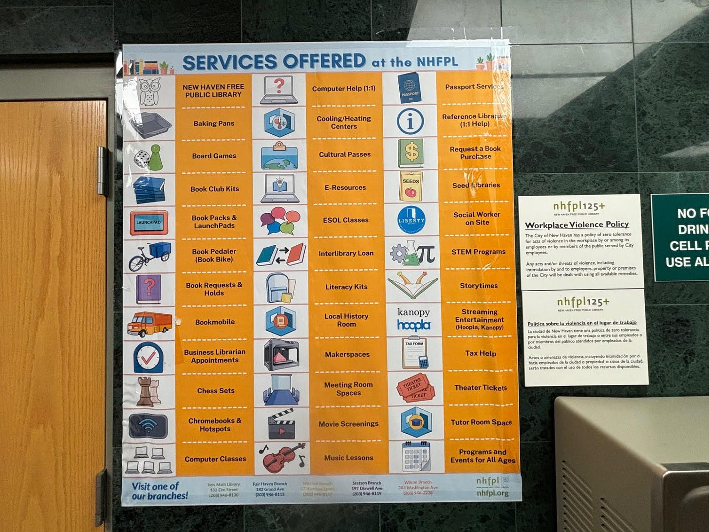 a photo of a sign that lists dozens of services offered at a library, including "Bookmobile" and "Chess Sets" and "Theater Tickets"
