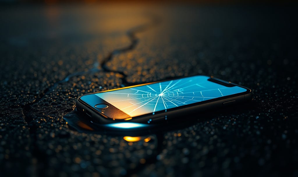 Alt text: A shattered iPhone face-down on wet asphalt at night. The cracked screen still glows through the spiderweb fractures, its light bleeding into a dark puddle — the last spark of a soul that forgot how to feel. Alt text: A shattered iPhone face-down on wet asphalt at night. The cracked screen still glows through the spiderweb fractures, its light bleeding into a dark puddle — the last spark of a soul that forgot how to feel.