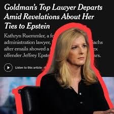 A news article about Katherine Ruemmler's resignation as a lawyer, with a headline about her connections to Jeffrey Epstein.