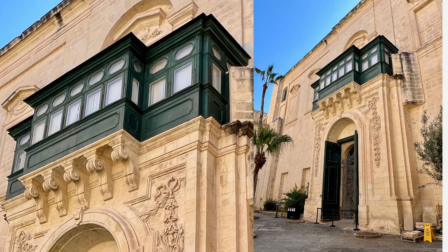 A detail of a gallarija in the Grand Master’s Palace courtyard (l), with the full image of it (r) (Photos by © Marie Powell)