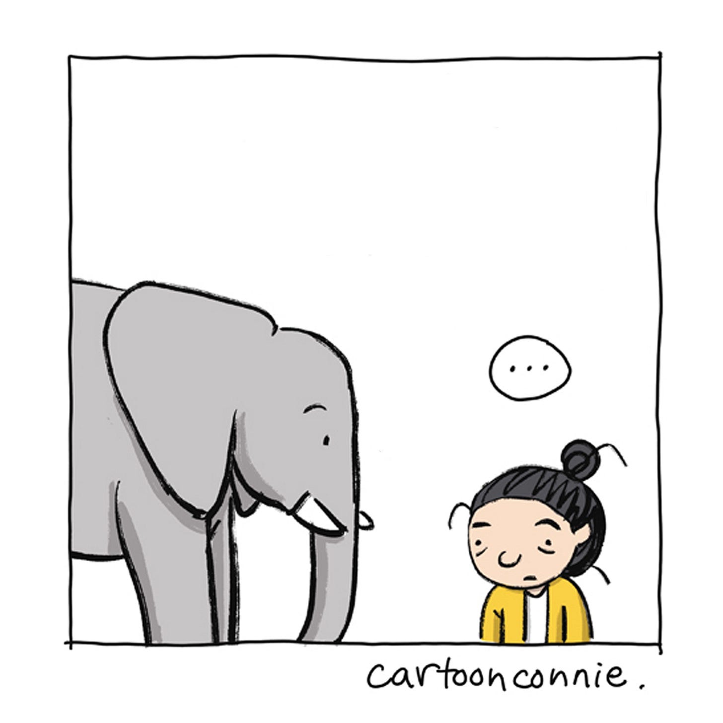 Panel 4/6 of a comic strip titled "The Life of a Writer," 2026, by Connie Sun, cartoonconnie, featuring a cartoon girl talking to an elephant in the artist's signature style.