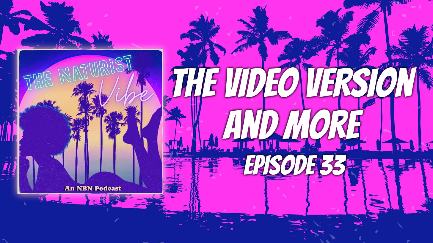 A vibrant synthwave-style promotional image for "The Naturist Vibe" podcast. The background is a bright magenta and purple tropical scene with silhouettes of palm trees reflected in water. On the left is the podcast cover art featuring a woman's silhouette against a sunset. Large white text on the right reads "THE VIDEO VERSION AND MORE" followed by "EPISODE 33." Small text at the bottom of the cover art says "An NBN Podcast."