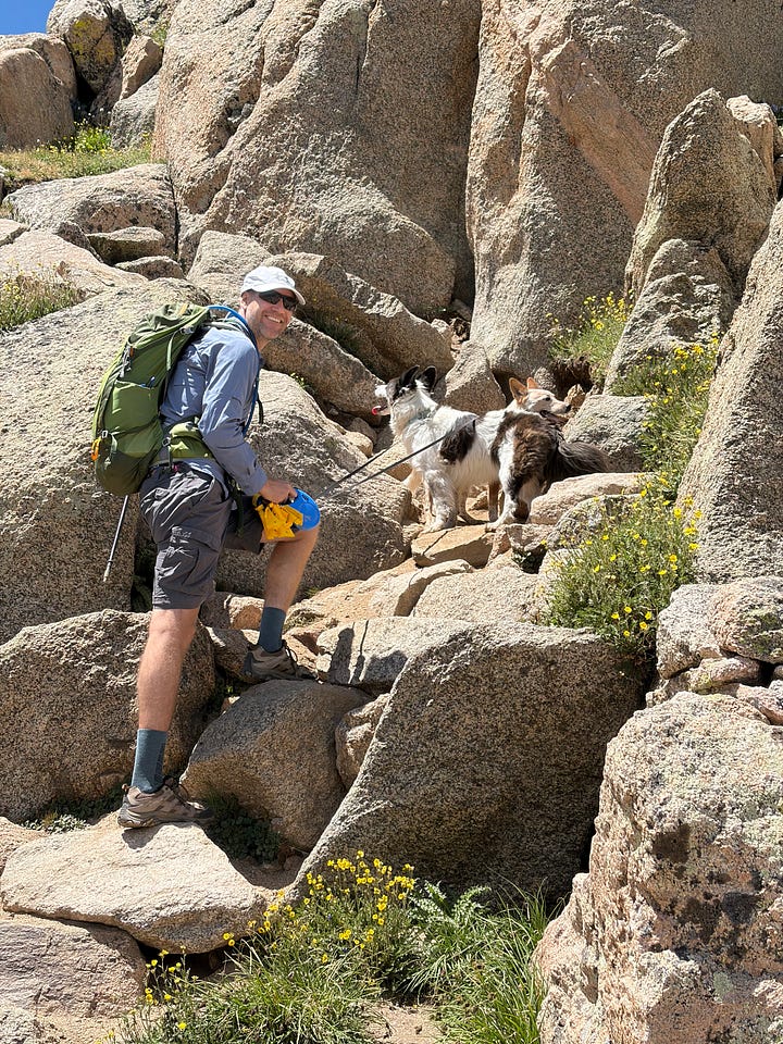 a man, woman and two dogs standing in front of a lake surrounded by mountains and a man and two dogs on a rocky trail