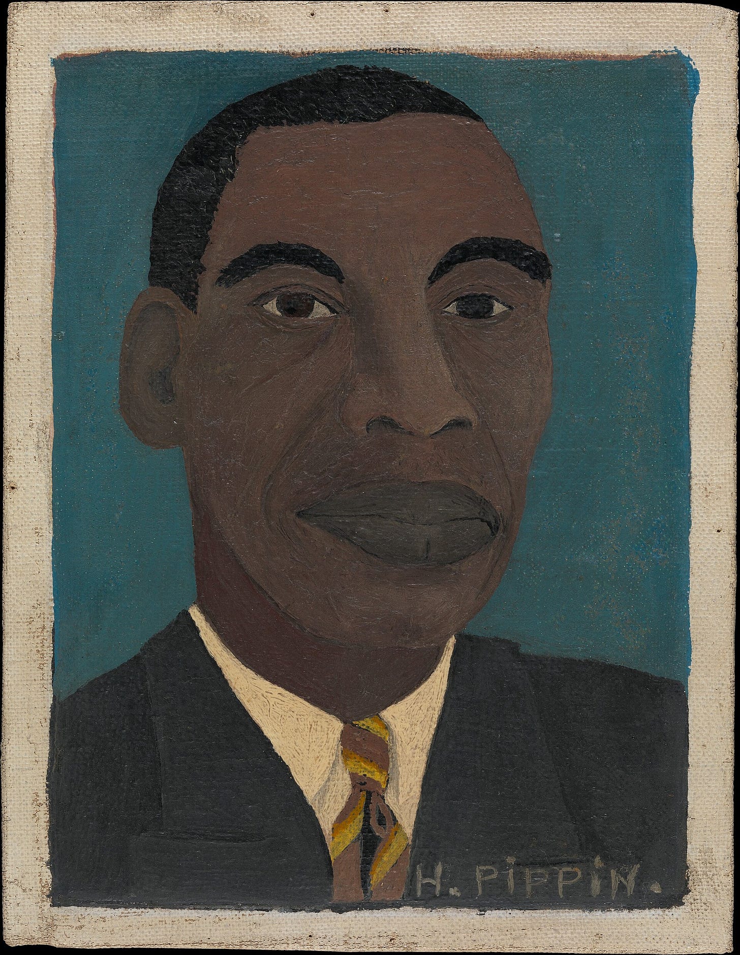 Small head-and-shoulders self-portrait of a Black man in a brown suit and striped tie, looking calmly at the viewer. Small head-and-shoulders self-portrait of a Black man in a brown suit and striped tie, looking calmly at the viewer.