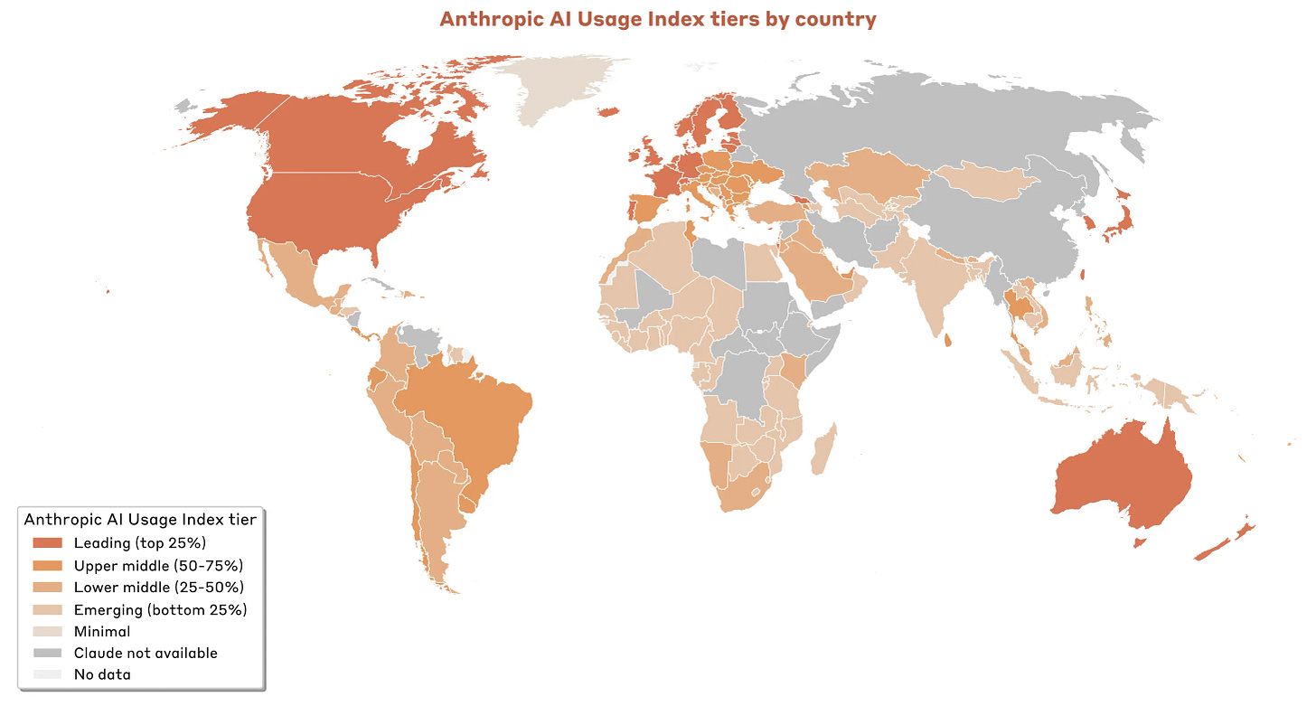 Figure 2.3: Claude diffusion varies across countries, with countries in North America, Europe and Oceania leading in Claude adoption per working-age capita. The different tiers reflect a country’s position within the global distribution of the Anthropic AI Usage Index as defined in this chapter.