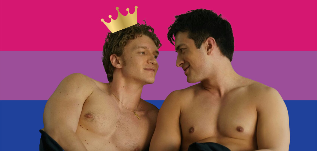 Ilya Rozanov and Shane Hollander, shirtless. There is a bisexual flag behind them