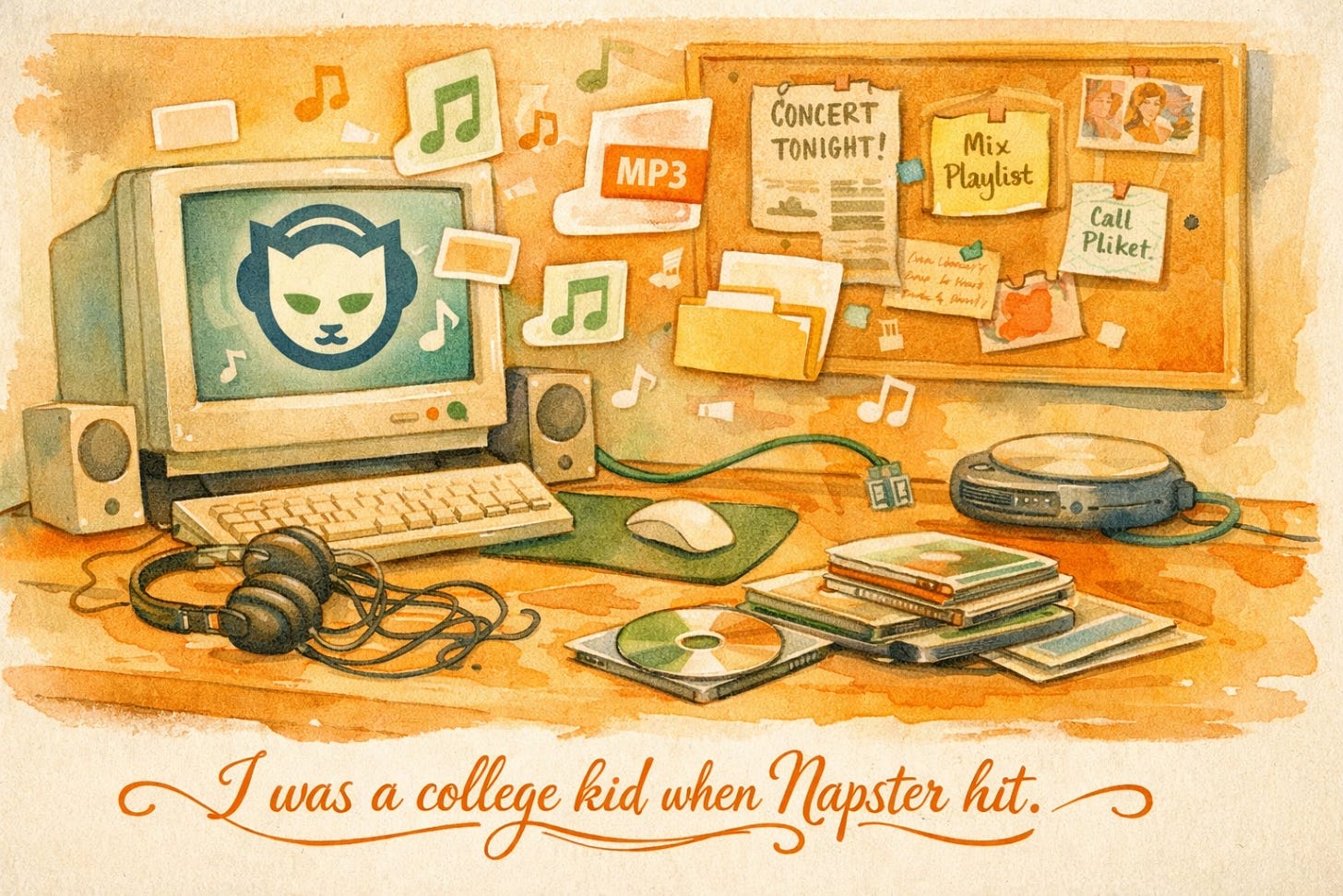 College dorm room in the late 1990s — the era when Napster changed how a generation thought about access and ownership