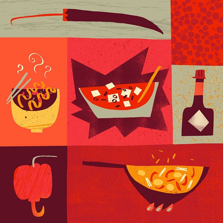 Spicy food illustrations in a grid with a very hot color scheme, mostly in red shades..