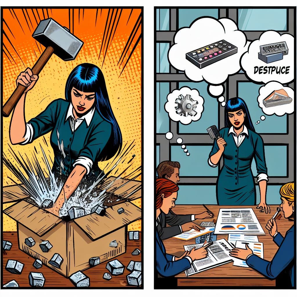 Comic style image of two frames. In the first frame, a female product manager is destroying a packaged product with a hammer. In the second frame, the same woman is planning a project with a team.