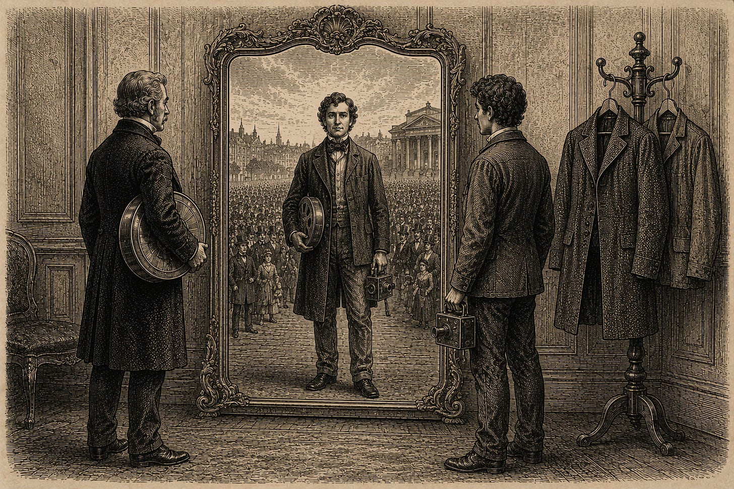 Wood-engraving editorial illustration in the Thomas Nast Harper's Weekly style for Attention Capital's essay YouTube Already Chose Not to Be Hollywood, Section VI: One Class, Two Costumes. An older filmmaker with a film canister and a young creator with a hand-cranked camera approach one tall mirror from opposite sides, and the glass reflects a single figure wearing both costumes before a vast crowd. The image argues the essay's convergence claim: filmmakers and creators are one class, people who hold audiences and make what audiences buy, split only by a distribution accident of birth year that is now ending. Keywords: creators and filmmakers convergence, creator economy, Hollywood talent, audience ownership, attention capital.