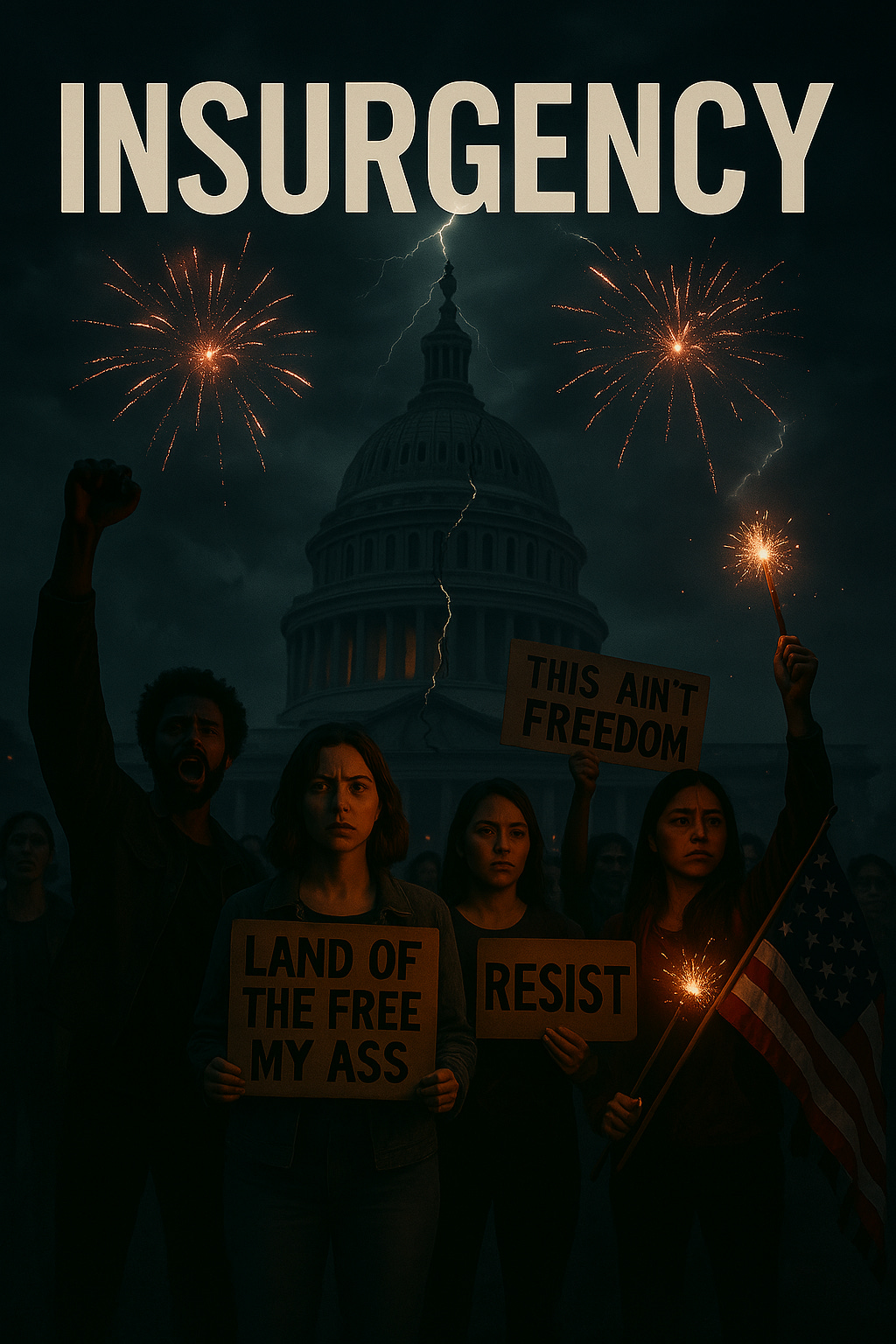 A stormy 4th of July protest outside a dimly lit Capitol. A diverse crowd—Black, white, Latino, Indigenous, queer—raises signs like “Resist” and “This Ain’t Freedom.” Torn, upside-down flags fly. Fireworks burst above like chaotic flares. One person raises a fist; another holds a burning sparkler like a torch. The atmosphere is raw and cinematic, steeped in red, blue, and defiant shadow.