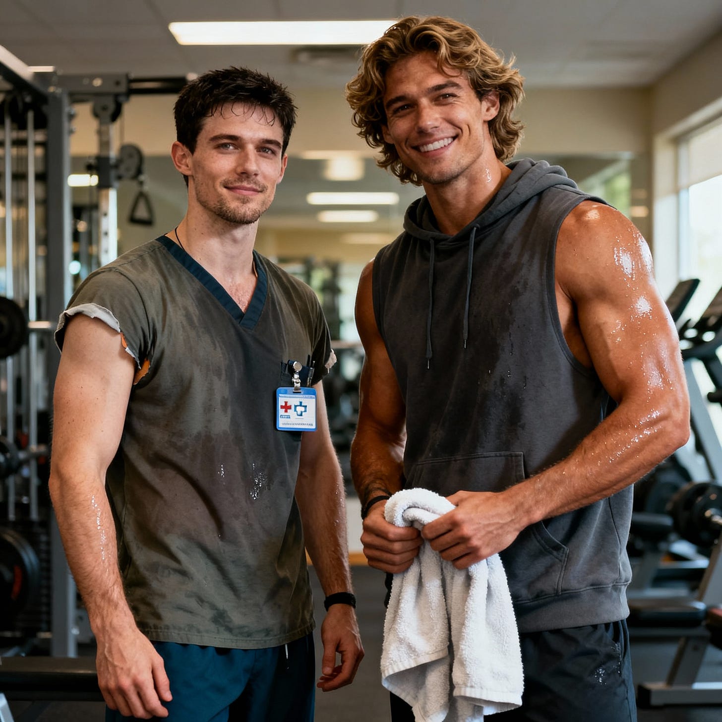 Jac (pale, short dark hair, hospital badge) and Lukas (taller, tan, wavy hair, sleeveless hoodie) together in a modern gym, post-workout.
