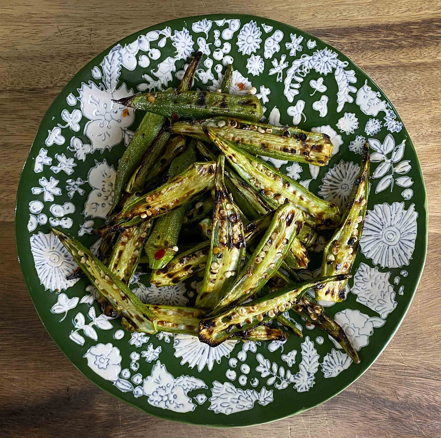Charred Okra with a Little Spice. Charring it makes it not slimy.