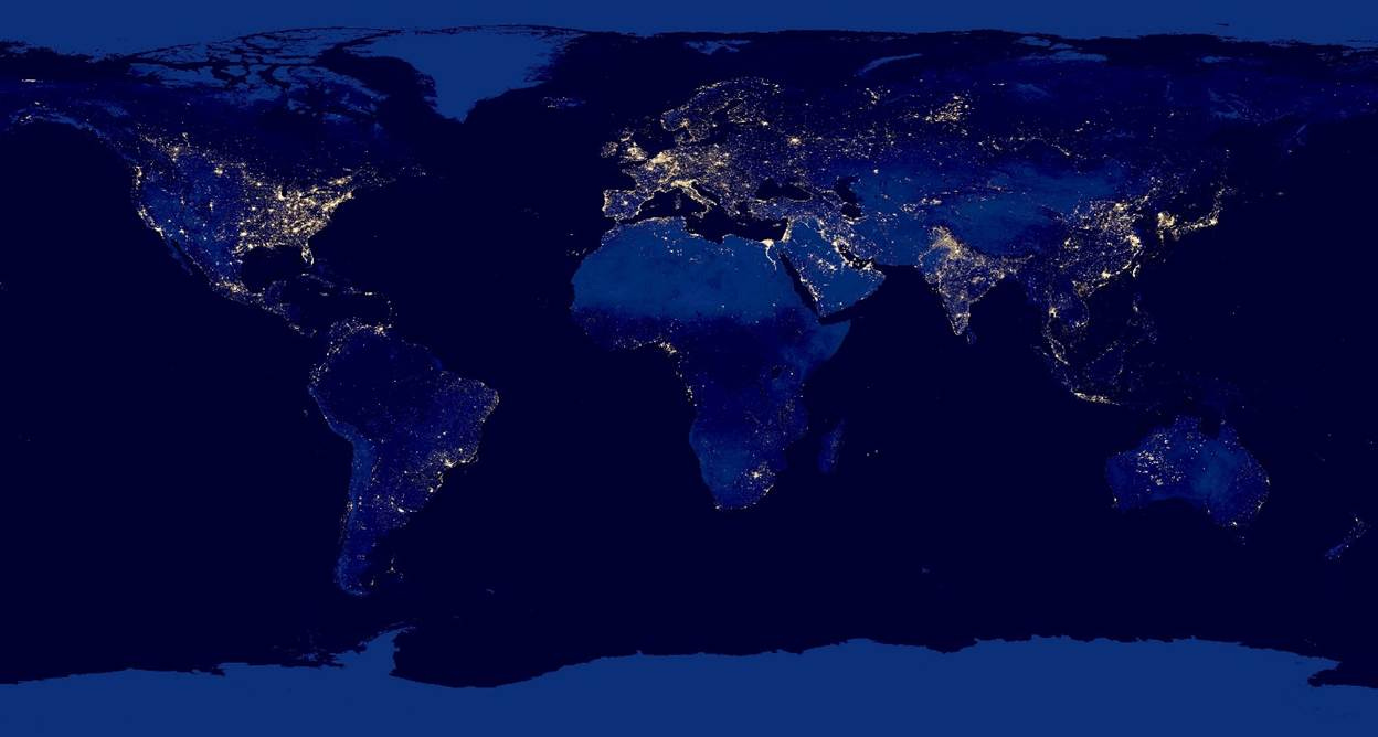 Artificial lights showing the locations of light pollution in October 2012.