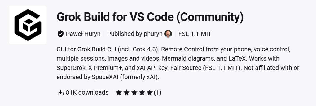 Grok Build for VS Code - Open VSX stats Grok Build for VS Code - Open VSX stats