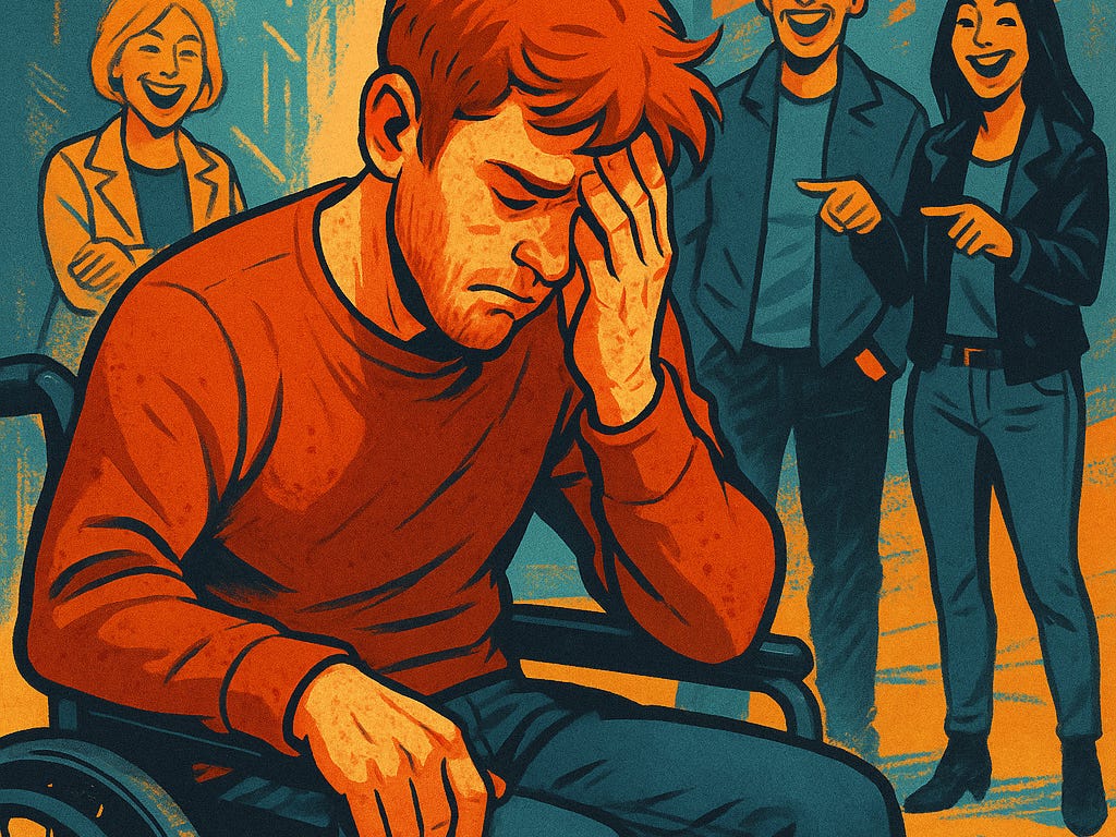 A stylized, digitally illustrated image of a red-haired man in a wheelchair sitting with his head in his hand, visibly upset. He wears a red sweater and blue pants. In the background, three people—two women and one man—are standing and laughing while pointing at him. The background features abstract urban buildings in teal and orange tones. The scene conveys a sense of exclusion, bullying, or ableism directed at the man in the wheelchair.
