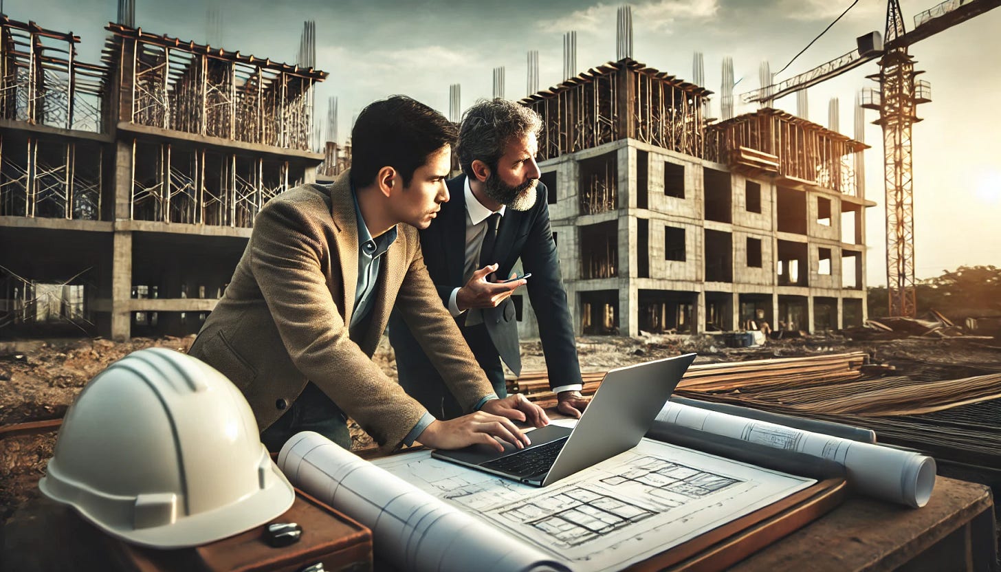 Dos ingenieros revisando una computadora en un sitio de construcción Dos ingenieros revisando una computadora en un sitio de construcción