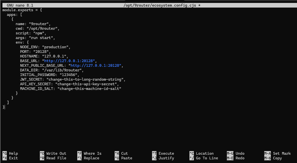 Editing the PM2 ecosystem config for 9Router. Editing the PM2 ecosystem config for 9Router.