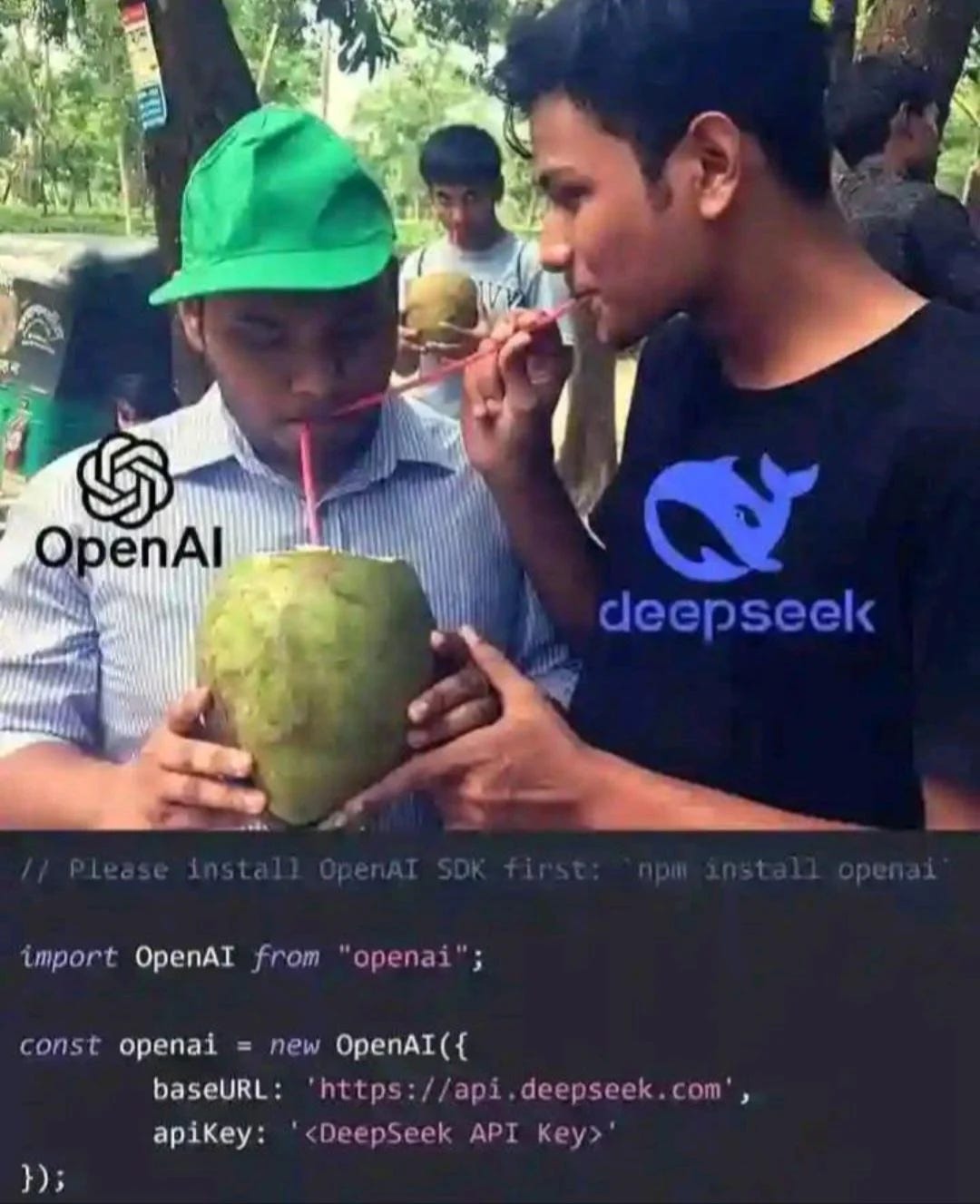 This meme surfaced in early 2025 as many saw it as ironic that Deepseek seemed to be replacing OpenAI while still using their SDK. This meme surfaced in early 2025 as many saw it as ironic that Deepseek seemed to be replacing OpenAI while still using their SDK.