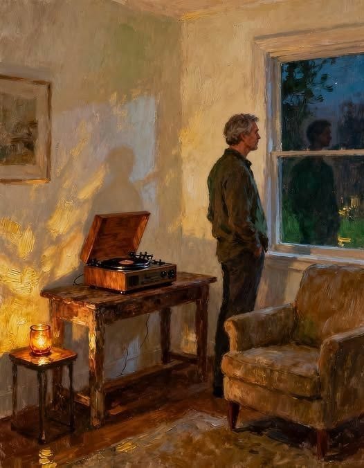 This may contain: a painting of a man standing next to a table with a record player on it