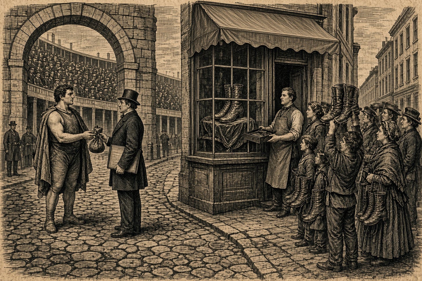 Wood-engraving editorial illustration in the Thomas Nast Harper's Weekly style for Attention Capital's essay Hollywood Copied the Wrong Half of Star Wars, showing an athlete receiving a small sealed purse at the gate of a packed 19th-century arena while across the street a cobbler's shop selling one pair of boots draws a queue around the block. The image argues Section IV: Michael Jordan's NBA salary totaled about $94 million while Nike's royalties now pay him an estimated $275 million to $300 million a year; the team rented the channel and the shoe company bought it. Keywords: Michael Jordan Nike royalties, Jordan Brand revenue, athlete ownership, Messi Inter Miami Apple Adidas, sports finance. Wood-engraving editorial illustration in the Thomas Nast Harper's Weekly style for Attention Capital's essay Hollywood Copied the Wrong Half of Star Wars, showing an athlete receiving a small sealed purse at the gate of a packed 19th-century arena while across the street a cobbler's shop selling one pair of boots draws a queue around the block. The image argues Section IV: Michael Jordan's NBA salary totaled about $94 million while Nike's royalties now pay him an estimated $275 million to $300 million a year; the team rented the channel and the shoe company bought it. Keywords: Michael Jordan Nike royalties, Jordan Brand revenue, athlete ownership, Messi Inter Miami Apple Adidas, sports finance.