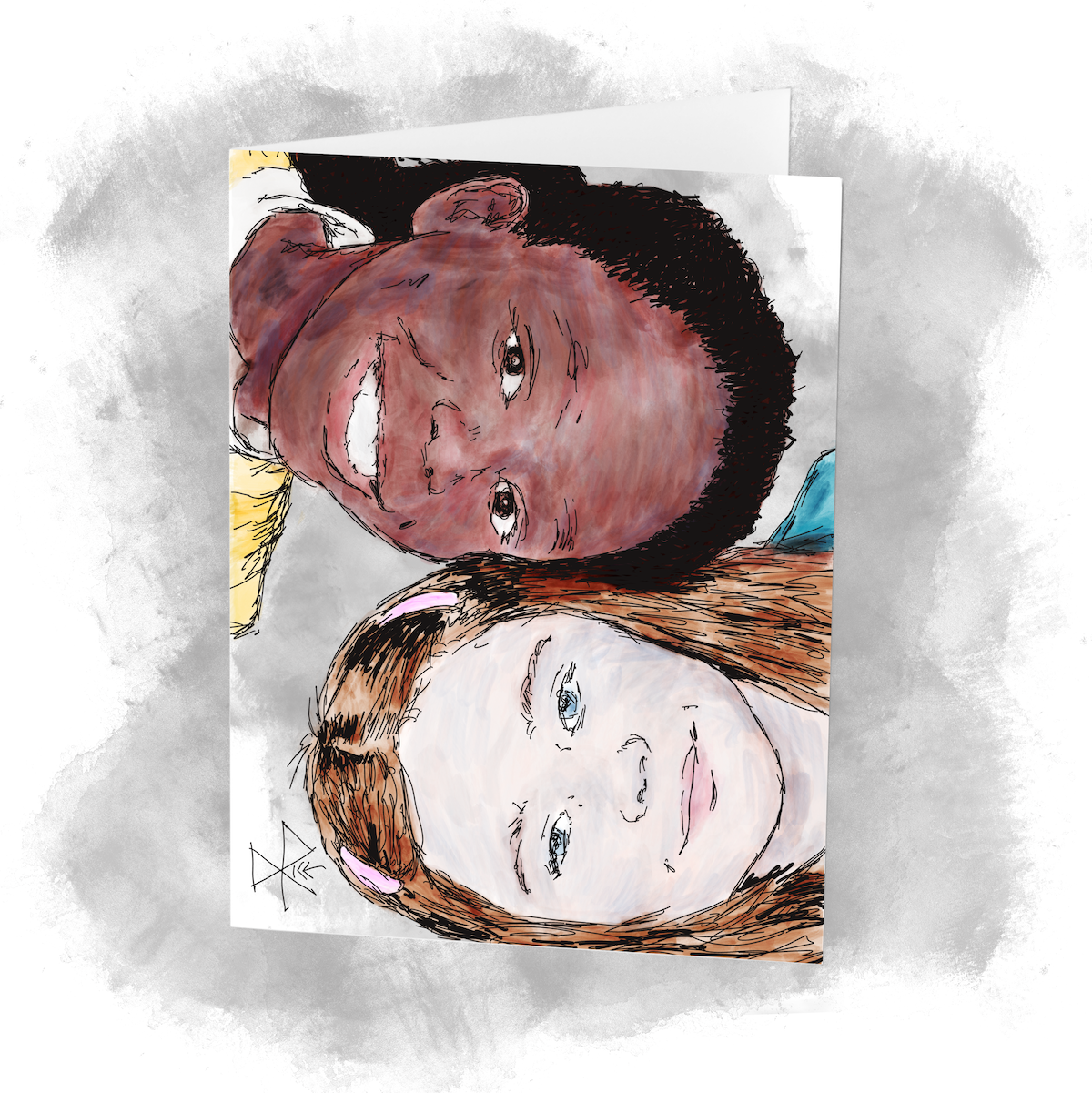 Stacked portrait of two young girls, heads together with toes in opposite directions. Sketch art by Don Rice. Stacked portrait of two young girls, heads together with toes in opposite directions. Sketch art by Don Rice.
