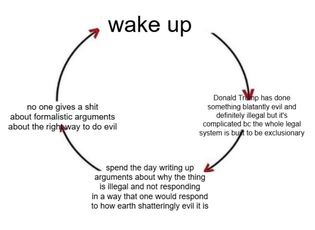 Image of a cycle with four stages, labeled: 1) wake up, 2) Donald Trump has done something blatantly evil and definitely illegal but it's complicated bc the whole legal system is built to be exclusionary, 3) spend the day writing up arguments about why the thing is illegal and not responding in a way that one would respond to how earth shatteringly evil it is, 4) no one gives a shit about formalistic arguments about the right way to do evil