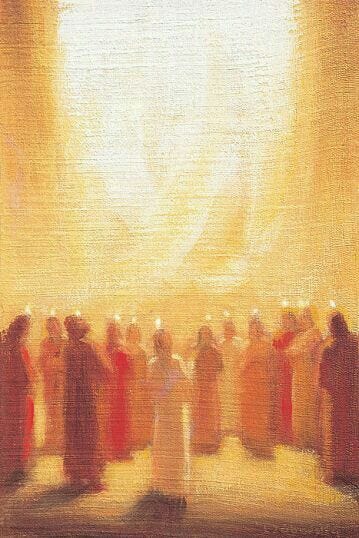 This may contain: an oil painting of people standing in front of a large window with bright light coming through it