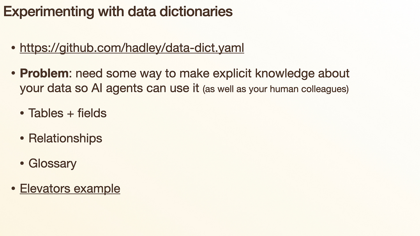 Slide: "Experimenting with data dictionaries" — tables + fields, relationships, glossary; an elevators example Slide: "Experimenting with data dictionaries" — tables + fields, relationships, glossary; an elevators example