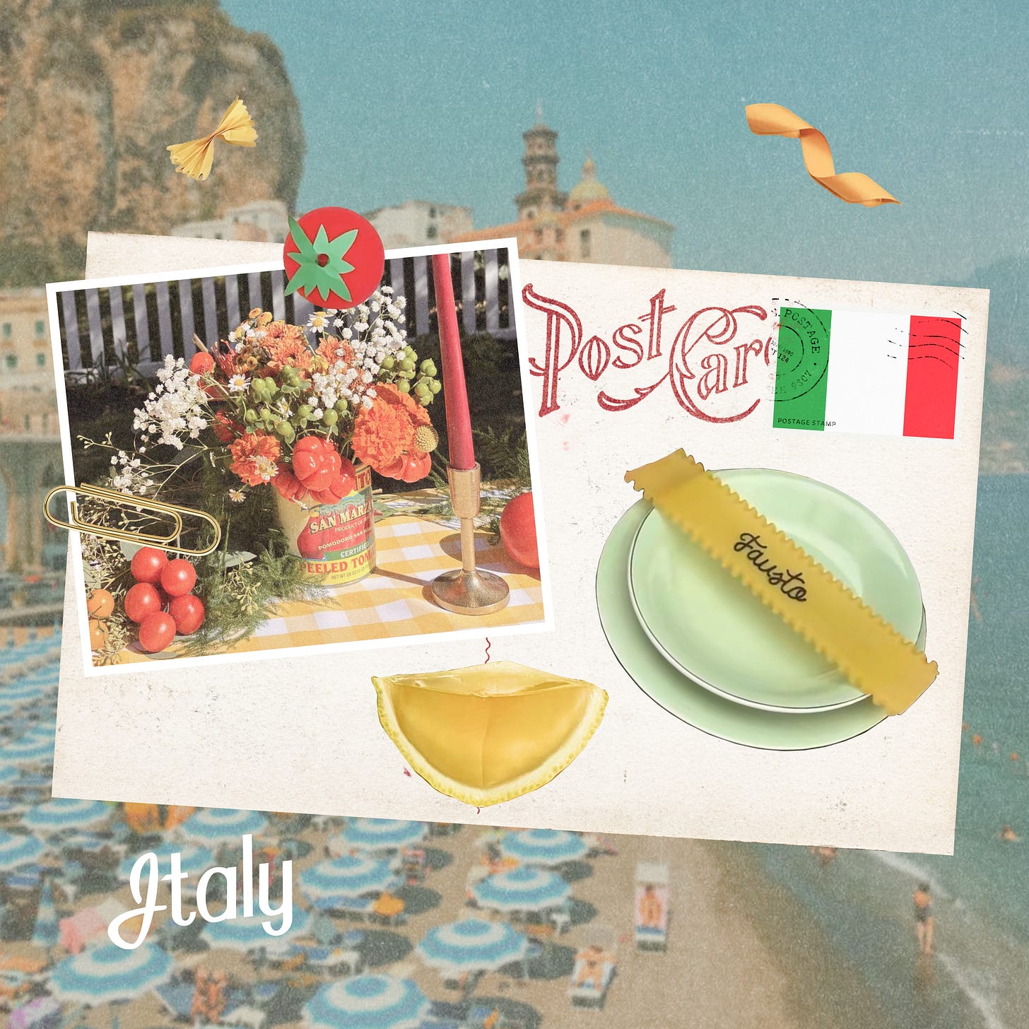 An Italy-themed postcard collage featuring a photo of a tomato-and-flower centerpiece on a checkered table, with pasta and a place setting. An Italy-themed postcard collage featuring a photo of a tomato-and-flower centerpiece on a checkered table, with pasta and a place setting.