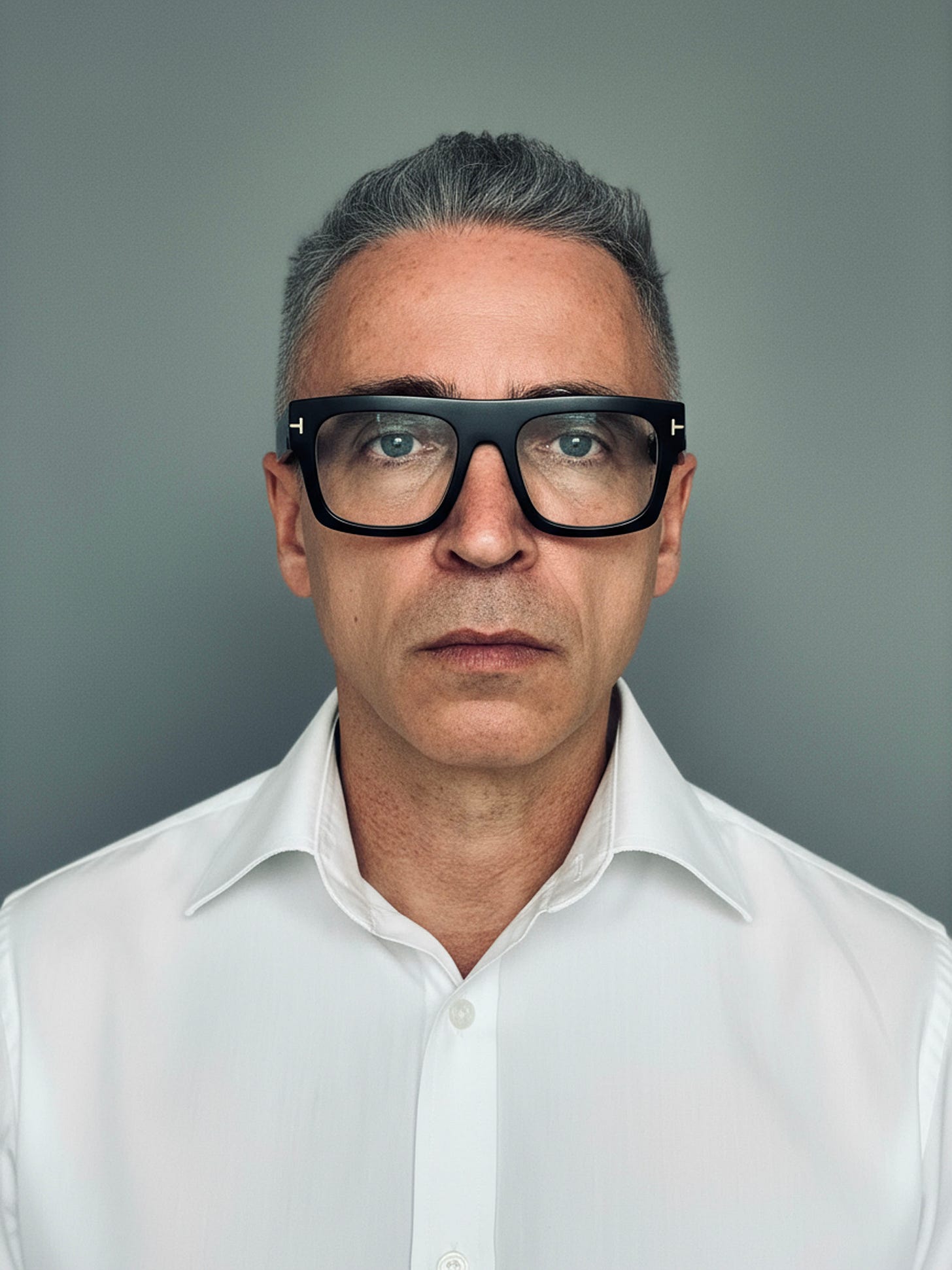 Color portrait of Michael Perin Wogenburg wearing a white shirt and large black glasses, looking directly into the camera against a neutral grey background
