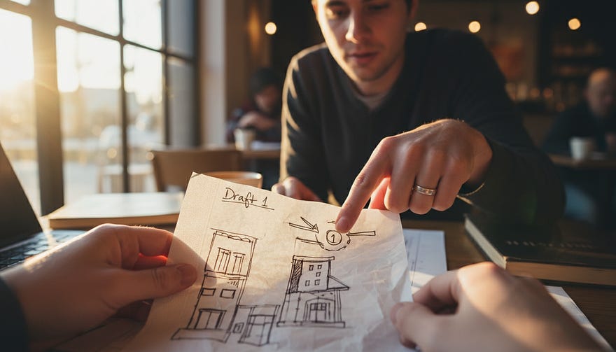 A photorealistic image shows hands sketching a rough architectural design labelled ‘Draft 1’ on a napkin in a bustling coffee shop. Sunlight highlights the ink and paper texture, while a second person leans in, pointing at a detail, reflecting a warm moment of feedback and collaboration.