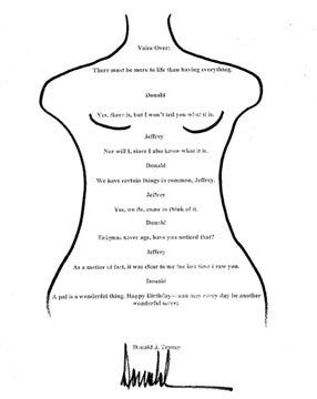 Two handwritten pages shaped like an apple, containing text. The text includes names Donald Trump and Jeffrey Epstein, with a signature reading "Donald J. Trump" at the bottom. A photograph of two men, Donald Trump and Jeffrey Epstein, standing side by side, both wearing suits, one with a pink tie. Two handwritten pages shaped like an apple, containing text. The text includes names Donald Trump and Jeffrey Epstein, with a signature reading "Donald J. Trump" at the bottom. A photograph of two men, Donald Trump and Jeffrey Epstein, standing side by side, both wearing suits, one with a pink tie.