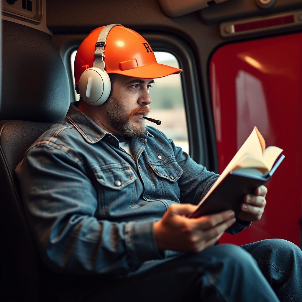 A trucker reading a book A trucker reading a book