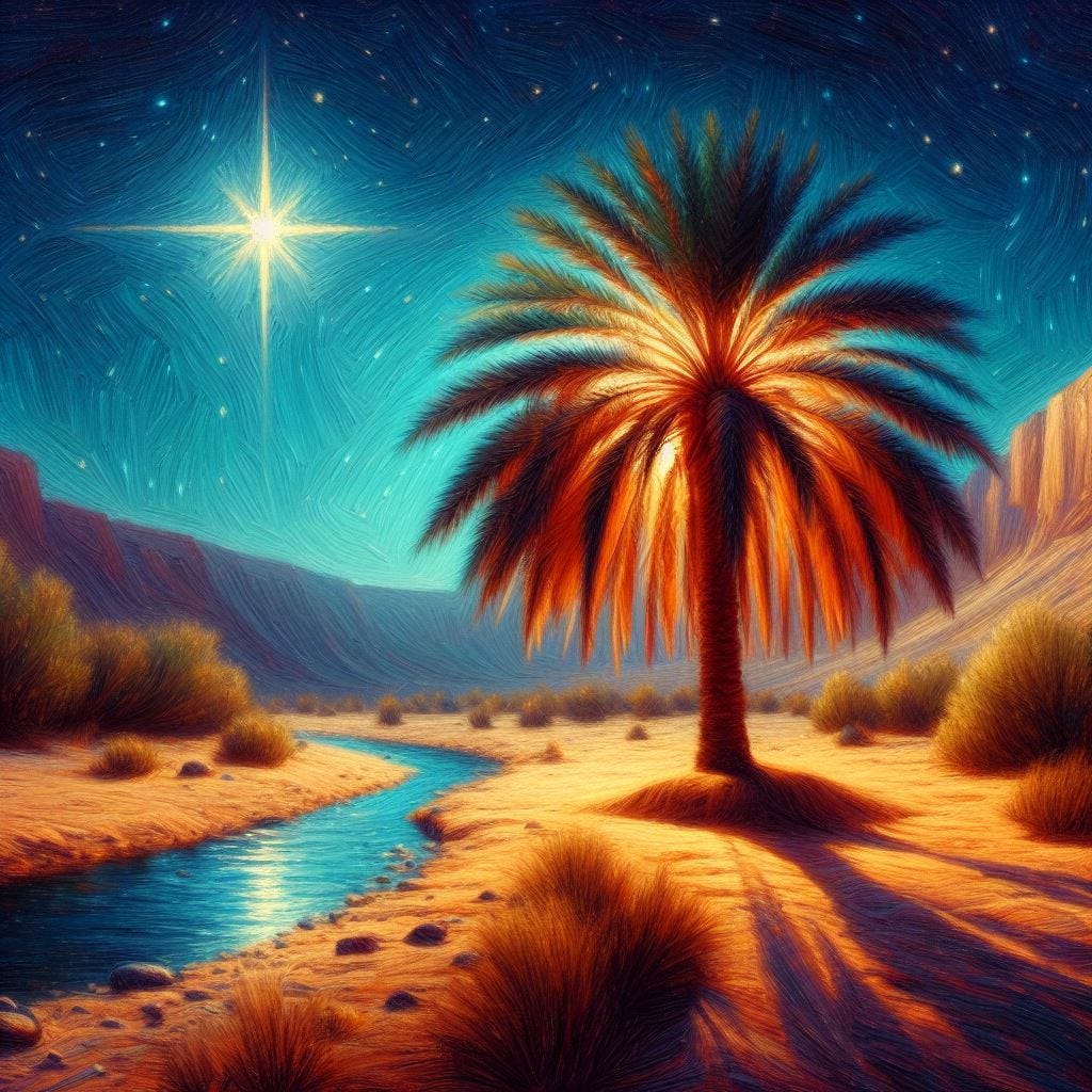 date tree in desert with a river running by it, night time, serene, nativity star, impressionistic style 