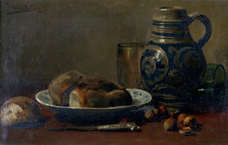 'Stilleven met brood, noten en een aardewerk kan' - olieverf op doek: Willem Elisa Roelofs (herkomst: Vendu Rotterdam, kavel 88) 'Stilleven met brood, noten en een aardewerk kan' - olieverf op doek: Willem Elisa Roelofs (herkomst: Vendu Rotterdam, kavel 88)