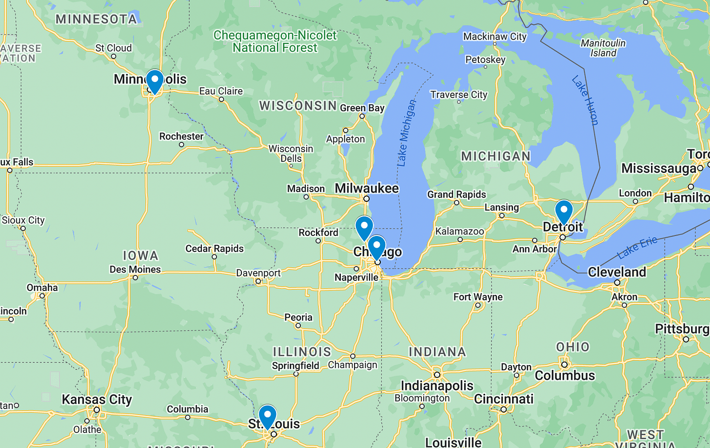 Map showing padel clubs in the Midwest