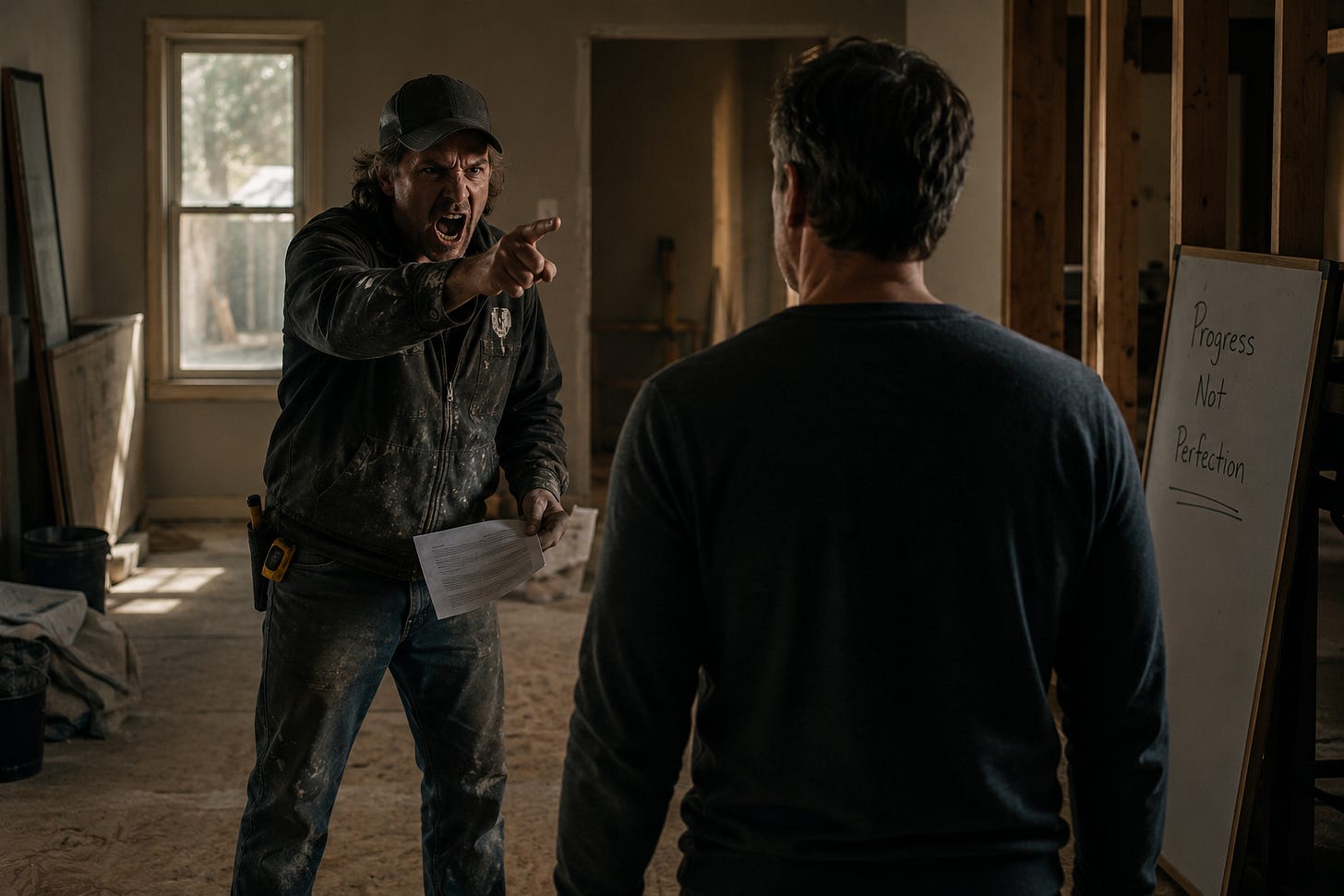 A man stands calmly in an unfinished home renovation while an angry contractor points and shouts at him, illustrating emotional regulation, the amygdala hijack, and staying grounded under stress during conflict and adversity.