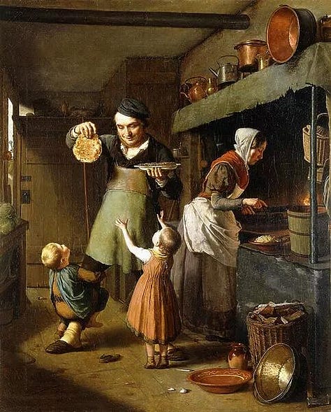 6 images all from Dutch painters - all contains images of pancakes being cooked around fires or being eaten
