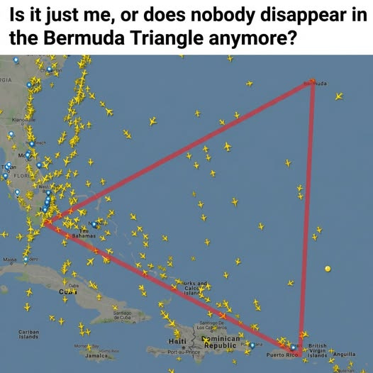 May be an image of map and text that says 'Is it just Te, or does nobody disappear in the Bermuda Triangle anymore? GIA Cariban Islands 女 tm Monteay Jamaica Haiti minican Republic Puerto Rico slands slands Anguilla'