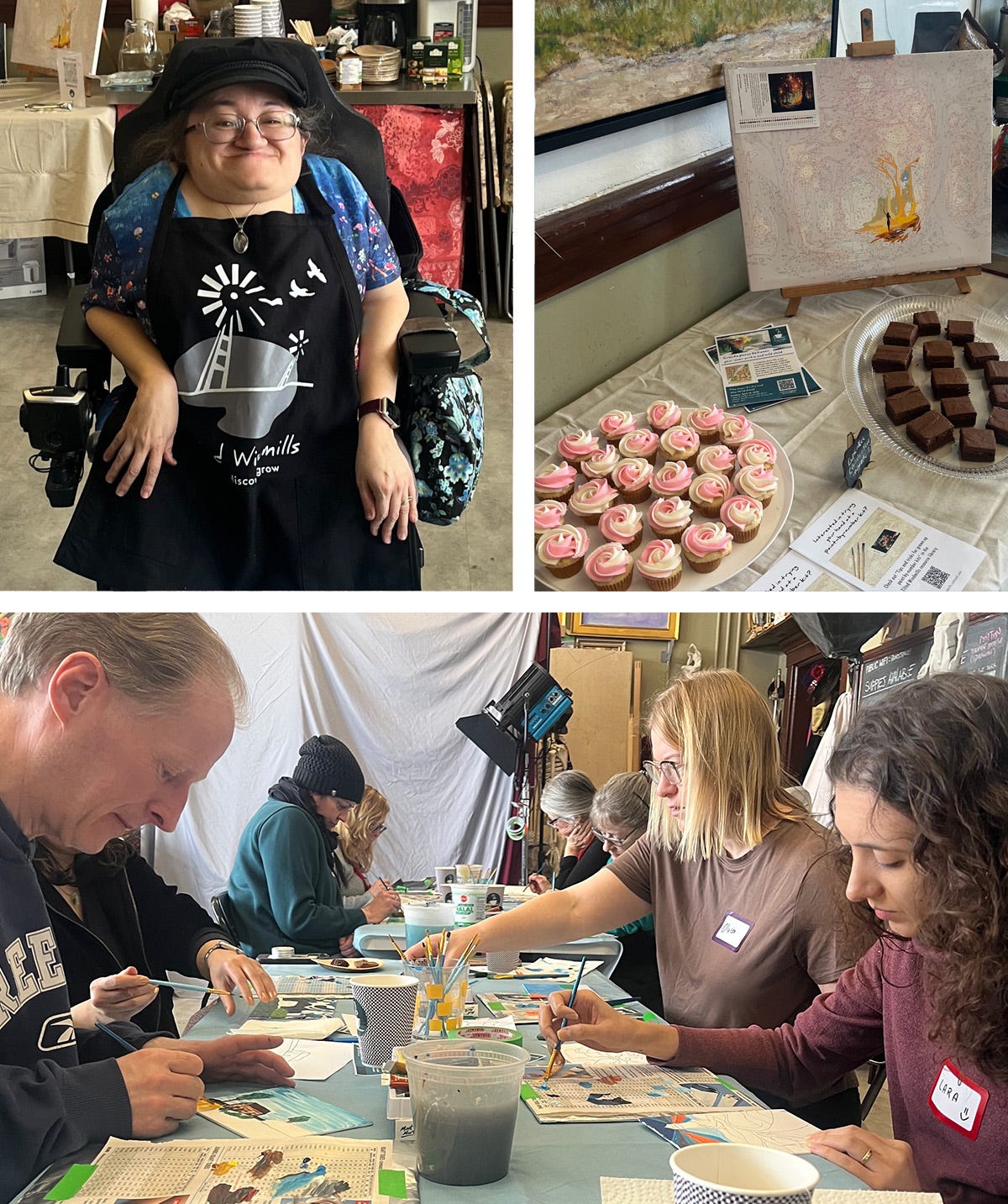 Three photos that depict Athena in her wheelchair wearing a black painter's apron. A photo of a table spread with mini cupcakes topped in pink and white frosting alongside fudge squares. An unfinished paint-by-number sits on an easel in the background. The final photo shows a group of workshop participants seated in tables of four busily working on their painting projects.